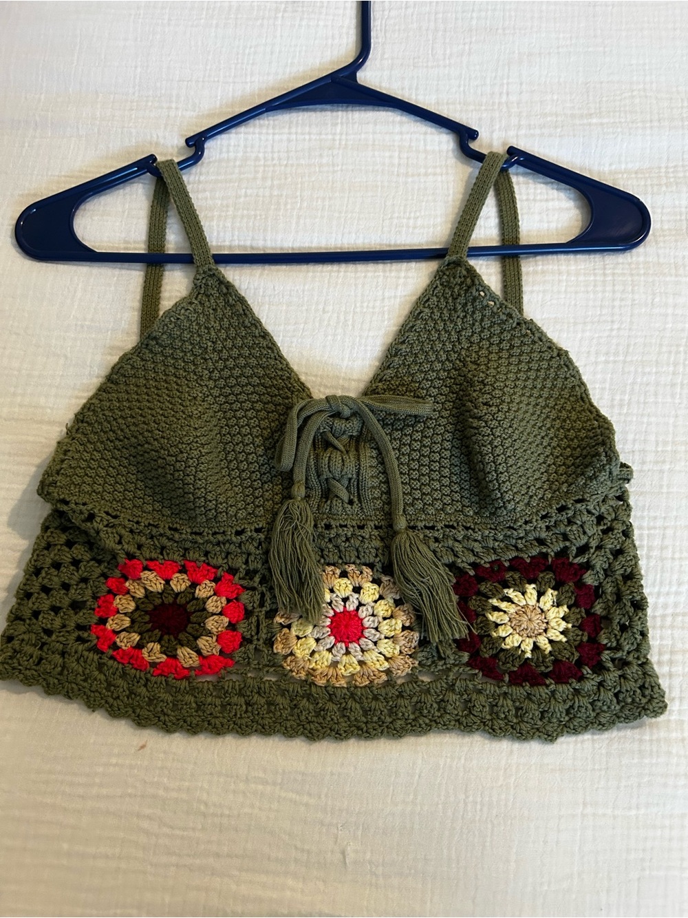 Poof! Olive Green Crochet Drawstring Top